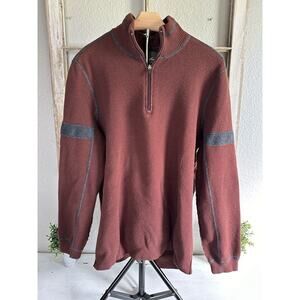 Eddie Bauer Fleece Sweater Mens XL Maroon Blue Trim 1/4 Zip Pullover Preppy